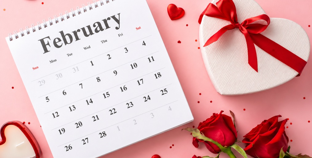 Valentine’s Day gift page theme with a calendar, roses and a heart-shaped box